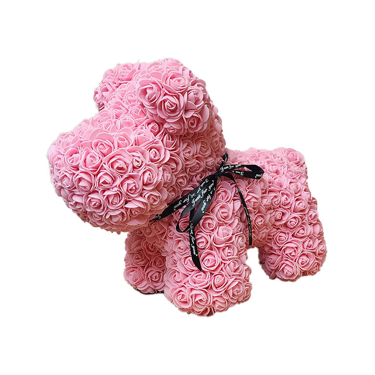 Pink flower-covered oversized dog with a 'Just for you' ribbon, perfect as a unique gift for anniversaries, birthdays, graduations, weddings, gender reveal, Christmas, Valentine's Day, or any special occasion.