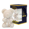 Crystal-encrusted white teddy bear with a matching bow reading "Always and Forever" displayed in a stylish navy blue box and a clear window. Perfect for weddings, anniversaries, birthdays, graduations, Christmas, Valentine's Day or decoration.