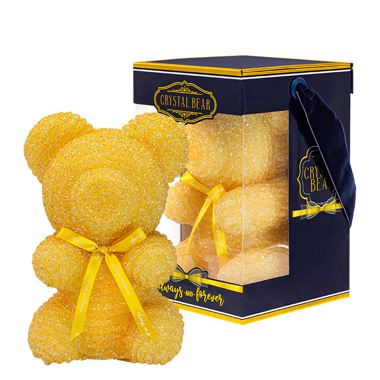 Crystal-encrusted yellow teddy bear with a matching bow reading "Always and Forever" displayed in a stylish navy blue box and a clear window. Perfect for weddings, anniversaries, birthdays, graduations, Christmas, Valentine's Day or decoration.