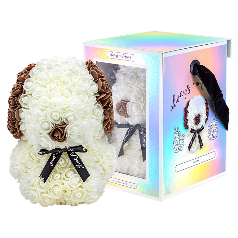 A meticulously crafted white and black flower puppy tied with a black “Just for you” ribbon, perfect for anniversaries, weddings, birthdays, graduations, Christmas, Valentine's Day, or as a heartwarming gift.
