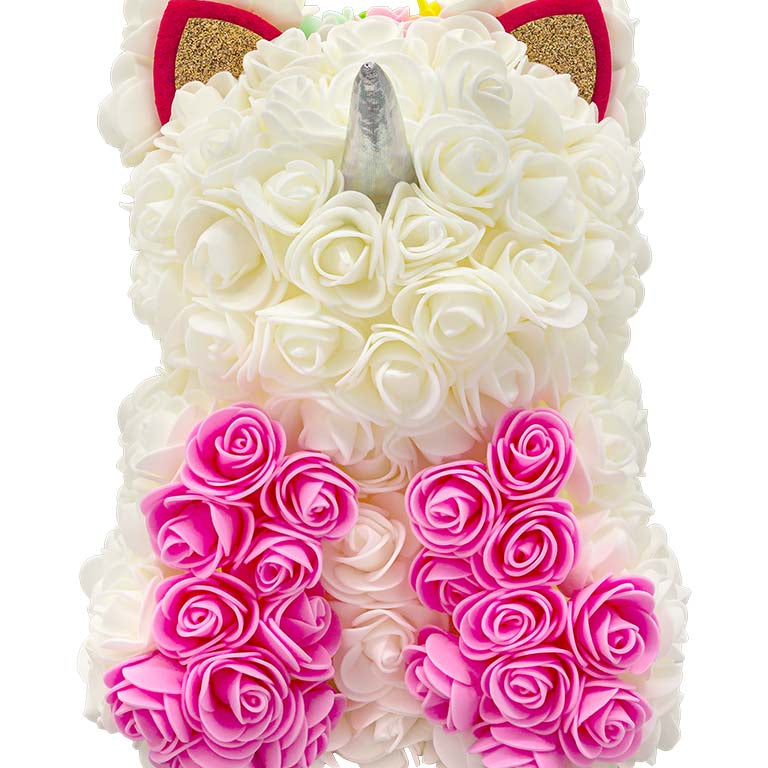 A front view of a unicorn shaped product covered in foam roses in the color white and pink.