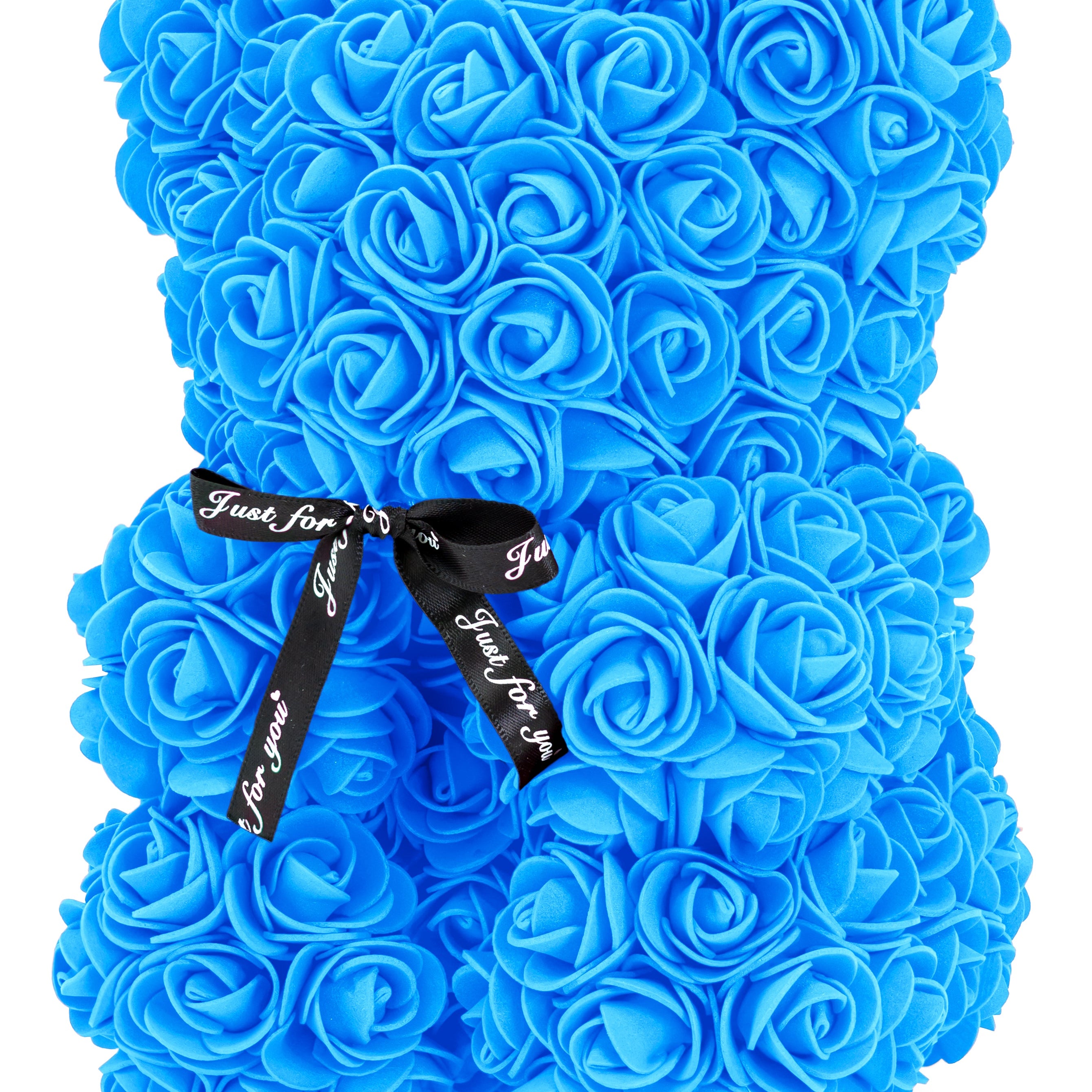 A bear shaped product covered in foam roses in the color blue.