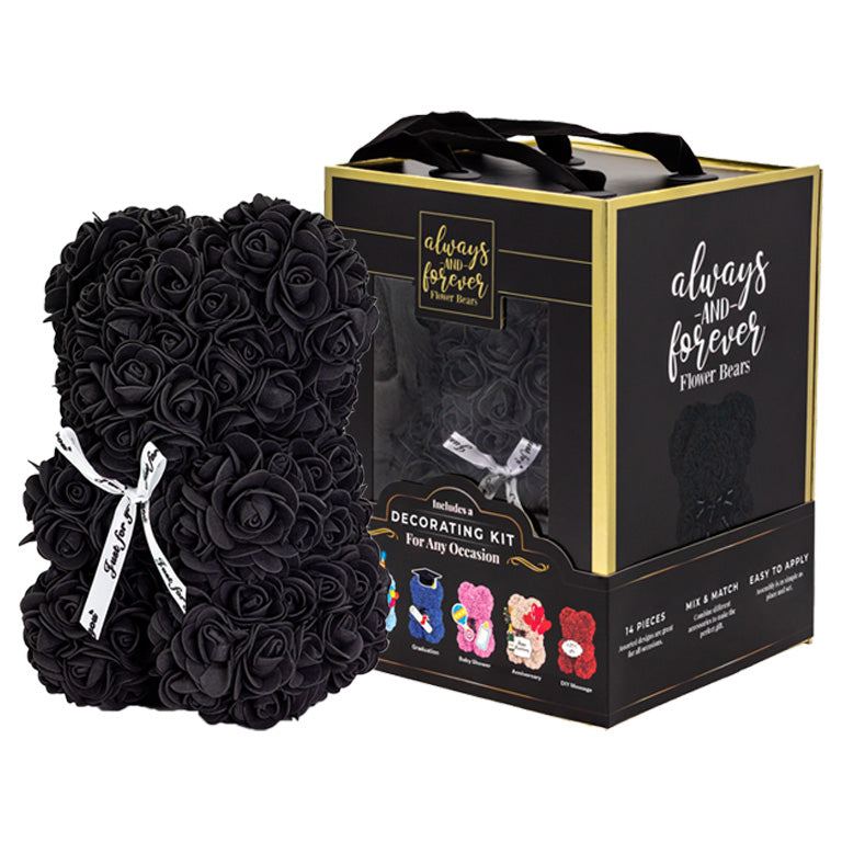 Flower bear with decorating kit accessories in an elegant box marked "always and forever." Perfect for personalizing gifts for anniversaries, birthdays, graduations, Christmas, Valentine’s Day, and other special occasions or decoration.