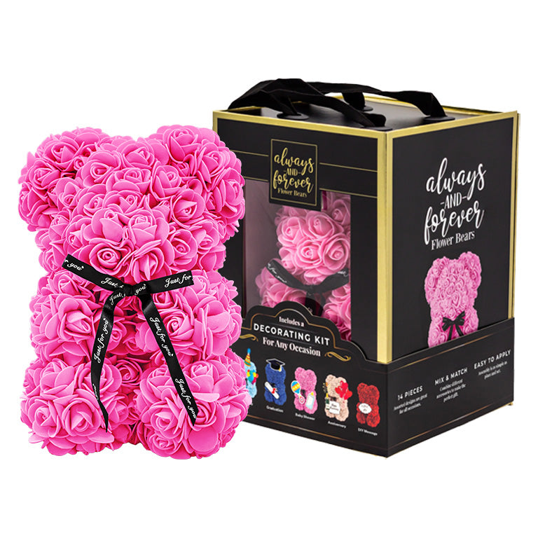 Flower bear with decorating kit accessories in an elegant box marked "always and forever." Perfect for personalizing gifts for anniversaries, birthdays, graduations, Christmas, Valentine’s Day, and other special occasions or decoration.