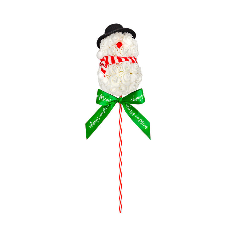 A decorative Floral snowman with a black hat and striped scarf on a candy cane stick, adorned with a green ribbon reading "Always and forever". Perfect for Christmas gifts or festive decorations.