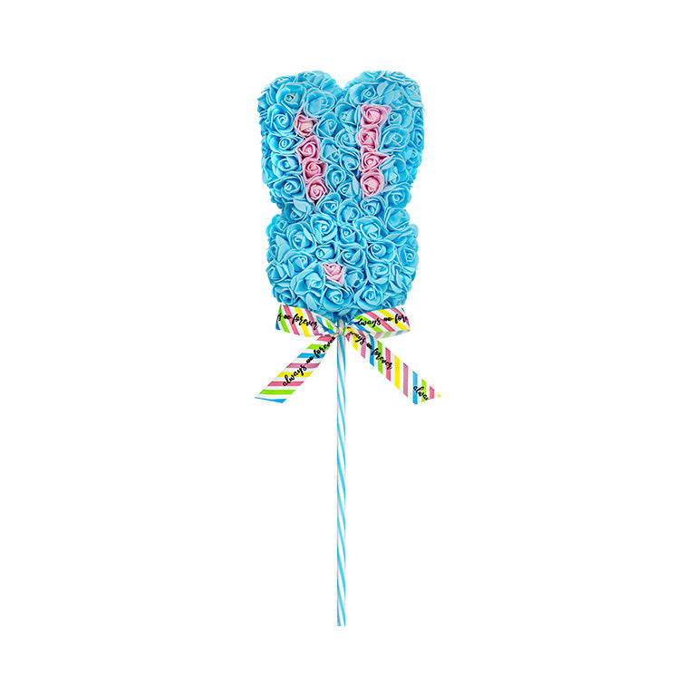 A beautiful blue bunny with a "Always and Forever" multicolor striped ribbon on a yellow striped stick.This creative piece is an ideal gift for Easter and various celebrations or as a decorative accent for a themed party or event.