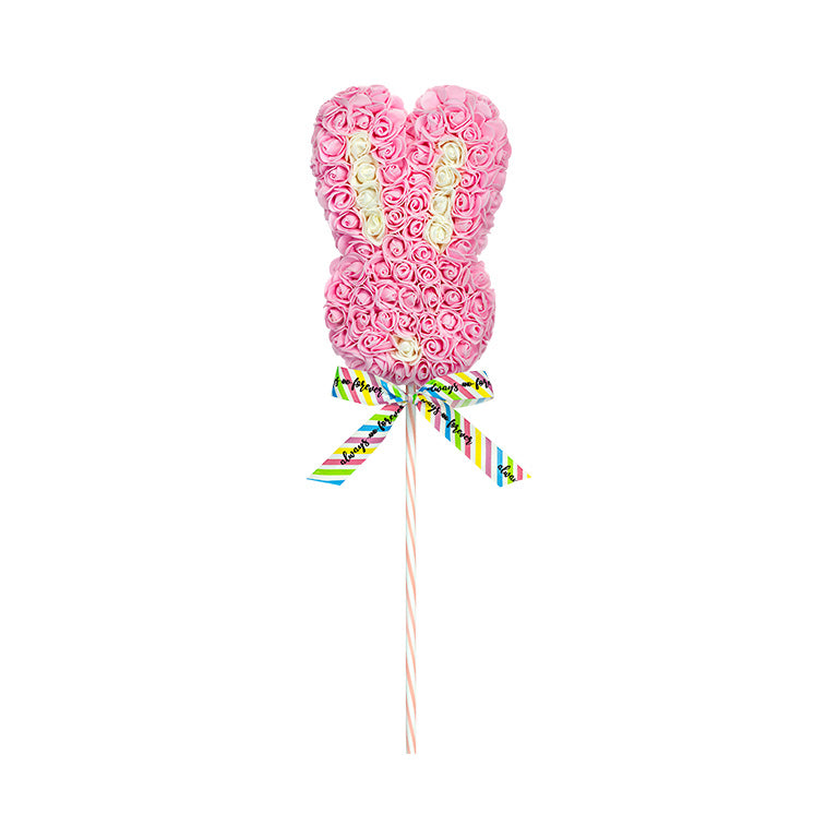 A beautiful pink bunny with a "Always and Forever" multicolor striped ribbon on a yellow striped stick.This creative piece is an ideal gift for Easter and various celebrations or as a decorative accent for a themed party or event.