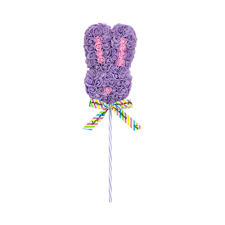 A beautiful purple bunny with a "Always and Forever" multicolor striped ribbon on a yellow striped stick.This creative piece is an ideal gift for Easter and various celebrations or as a decorative accent for a themed party or event.