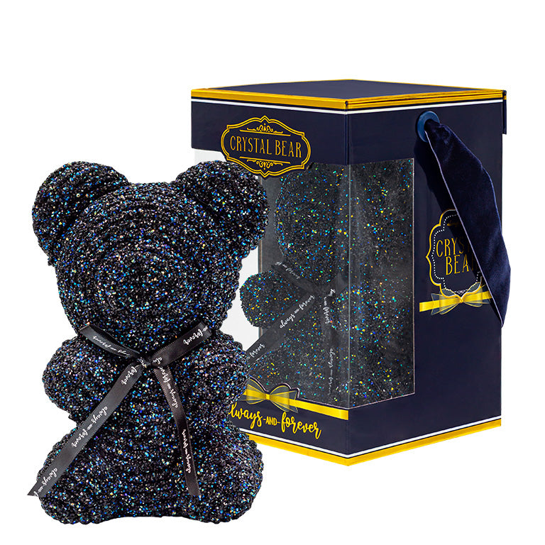 Crystal-encrusted black teddy bear with a matching bow reading "Always and Forever" displayed in a stylish navy blue box and a clear window. Perfect for weddings, anniversaries, birthdays, graduations, Christmas, Valentine's Day or decoration.