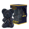 Crystal-encrusted black teddy bear with a matching bow reading "Always and Forever" displayed in a stylish navy blue box and a clear window. Perfect for weddings, anniversaries, birthdays, graduations, Christmas, Valentine's Day or decoration.