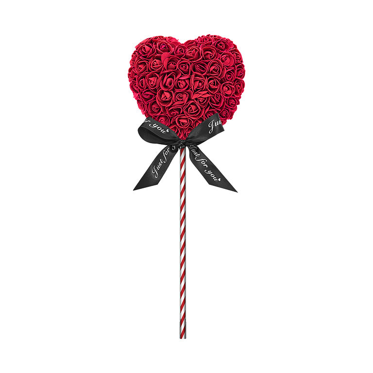 A heart-shaped lollipop with burgundy flowers, standing on a rburgundy striped stick, and adorned with a black ribbon reading "Just for you." The perfect gift for anniversaries, birthdays, graduations, Christmas, Valentine's, gender reveal and more. A timeless, romantic gift and a beautiful decoration. The durable nature of the materials make it a lasting memento for any special occasion.	