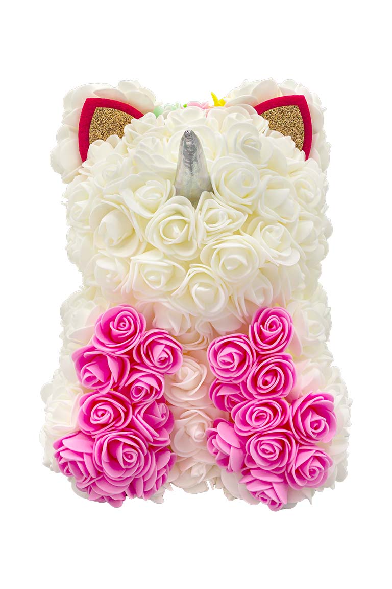 A front view of a unicorn shaped product covered in foam roses in the color white and pink.