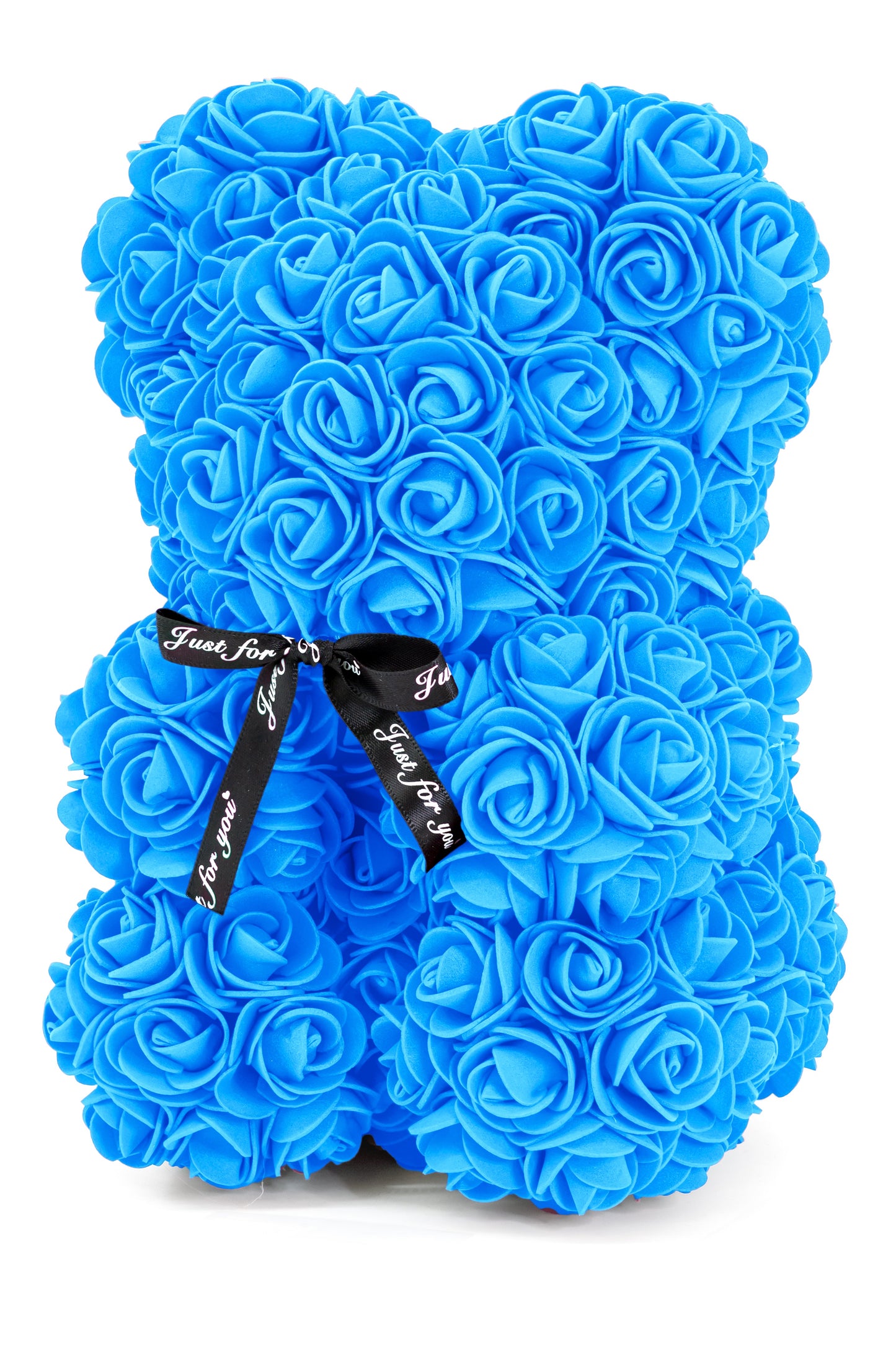 A bear shaped product covered in foam roses in the color blue.