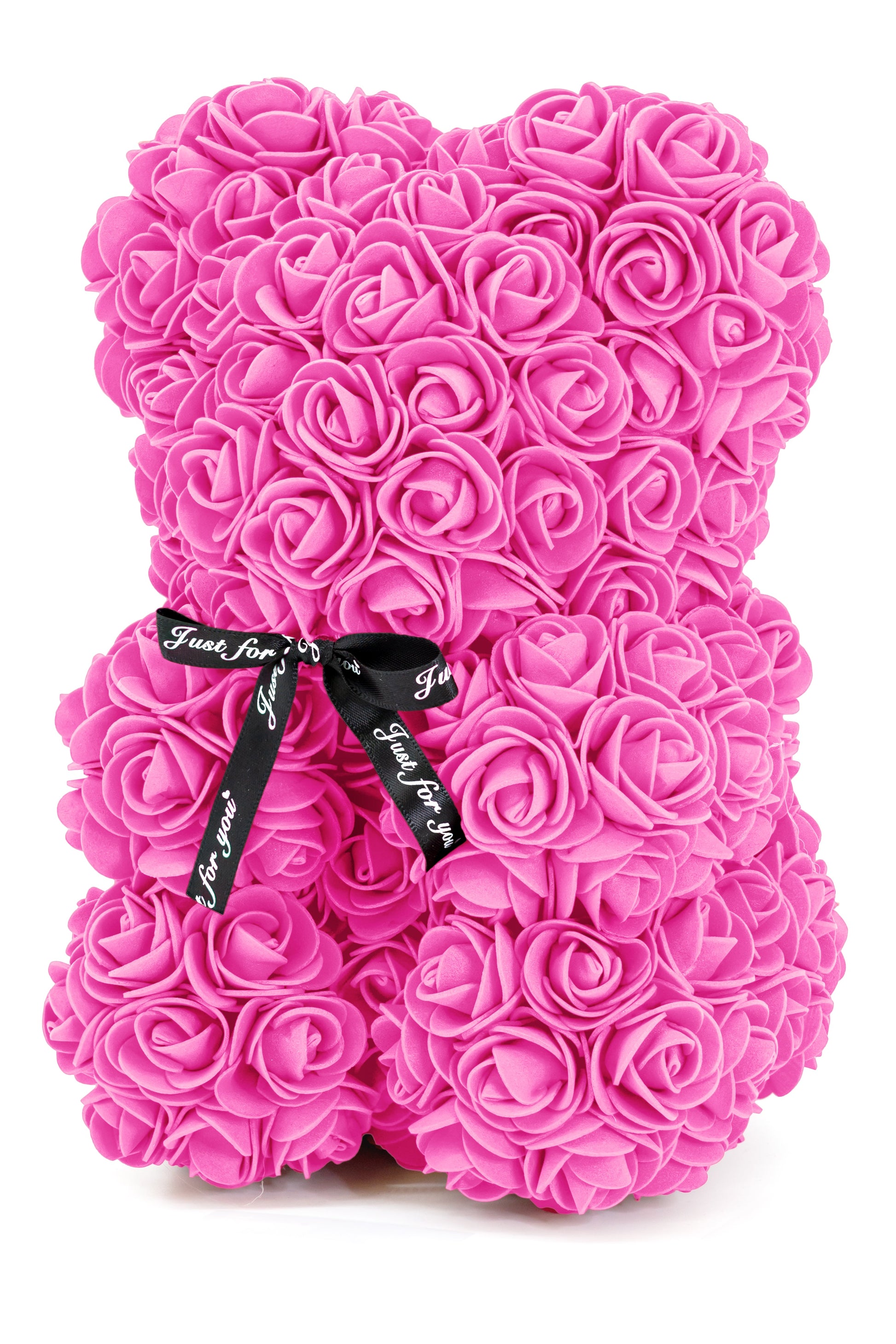 A front view of the bear shaped product covered in foam roses in the color of pink.