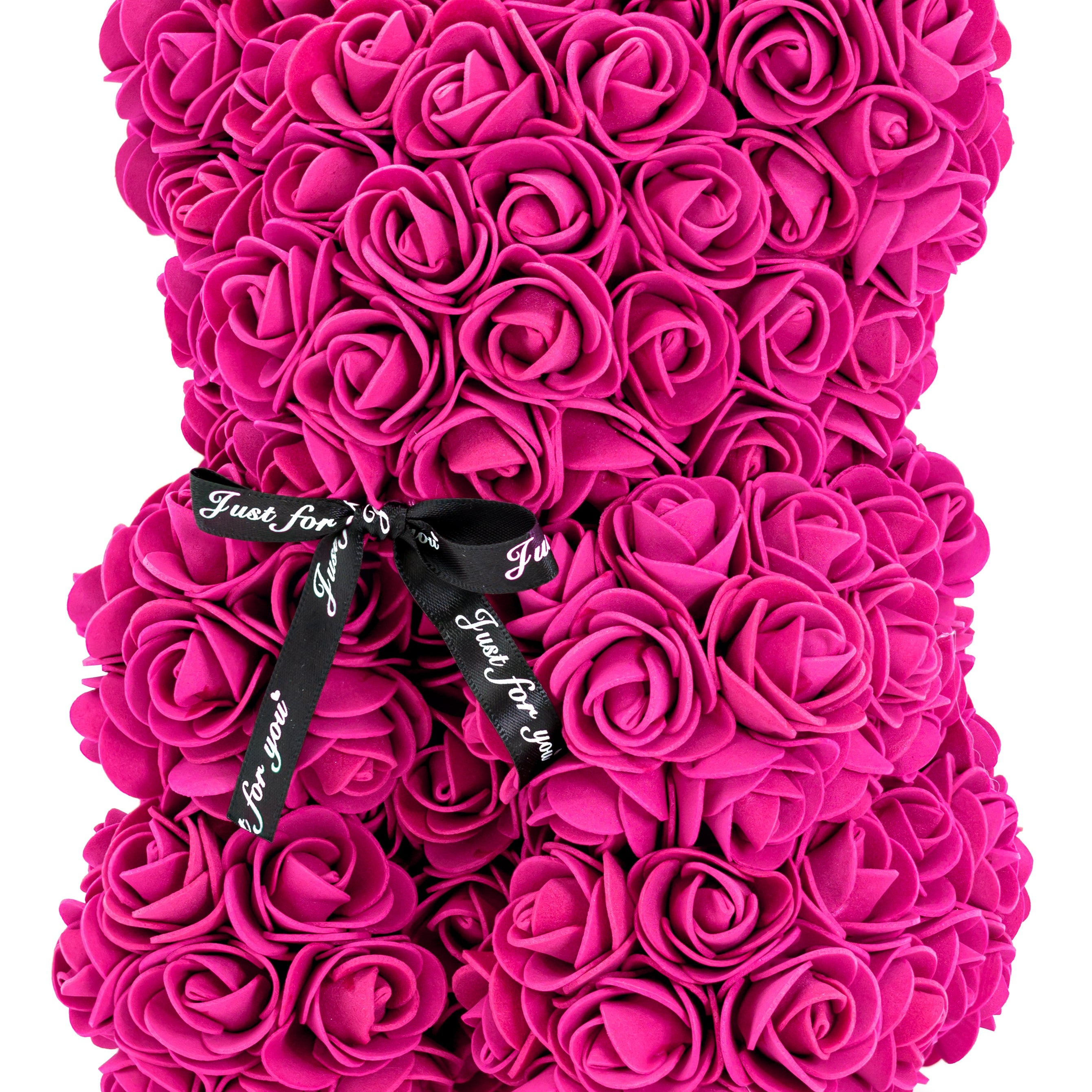 A front view of the bear shaped product covered in foam roses in the color of rose.