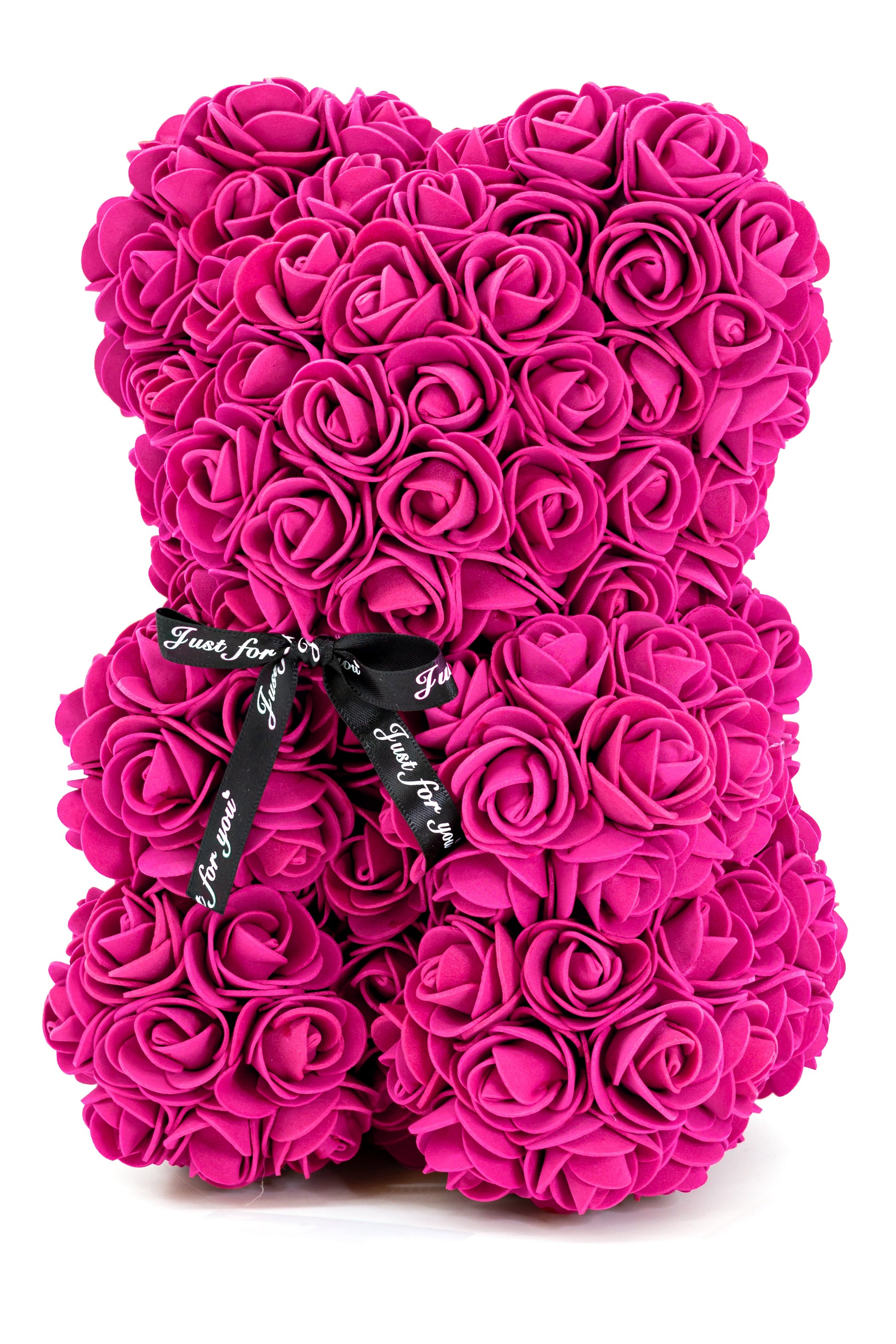A front view of the bear shaped product covered in foam roses in the color of rose.