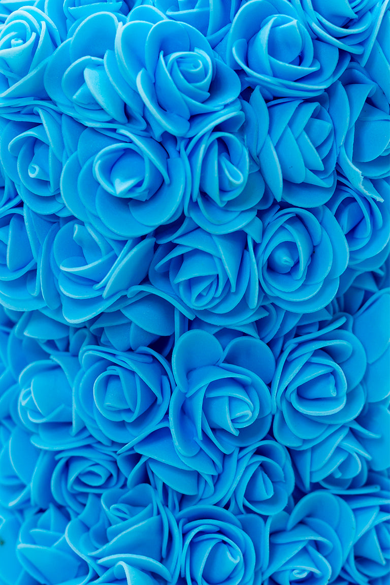 A close up view of the foam roses in blue