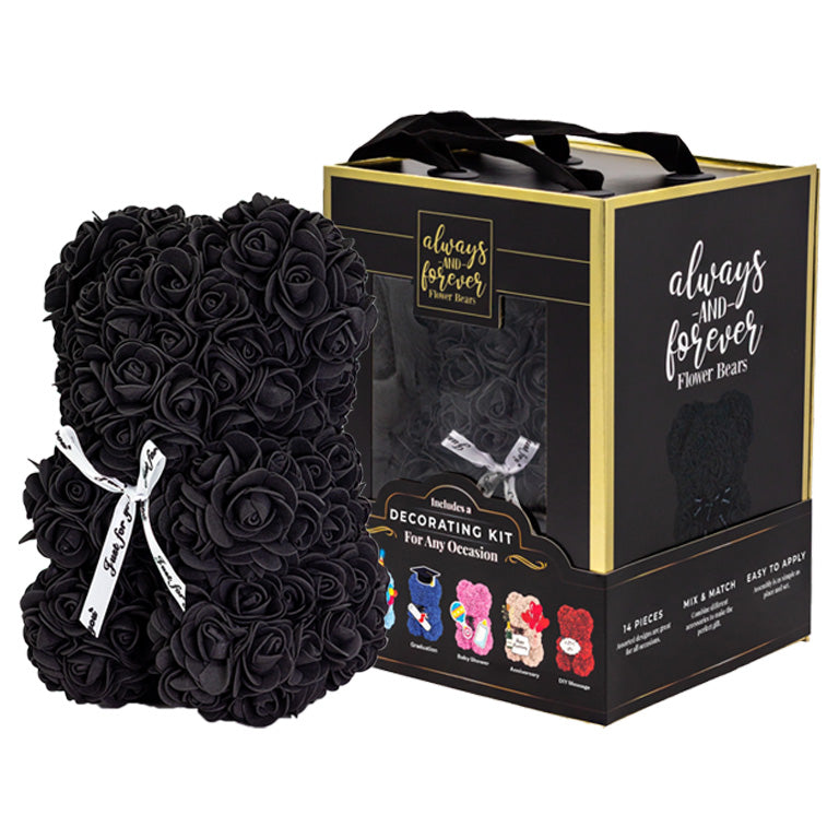 A bear shaped product covered in foam roses in the color black. Has three pieces of decoration.