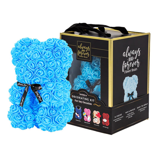 A bear shaped product covered in foam roses in the color blue. Has three pieces of decoration.