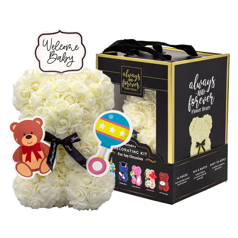 Flower bear with decorating kit accessories in an elegant box marked "always and forever." Perfect for personalizing gifts for anniversaries, birthdays, graduations, Christmas, Valentine’s Day, and other special occasions or decoration.				