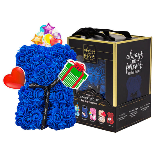 A bear shaped product covered in foam roses in the color navy. Has three pieces of decoration.