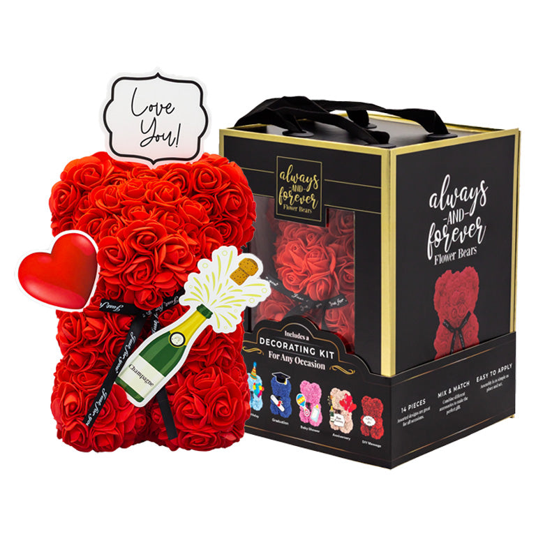 A bear shaped product covered in foam roses in the color red. Has three pieces of decoration.