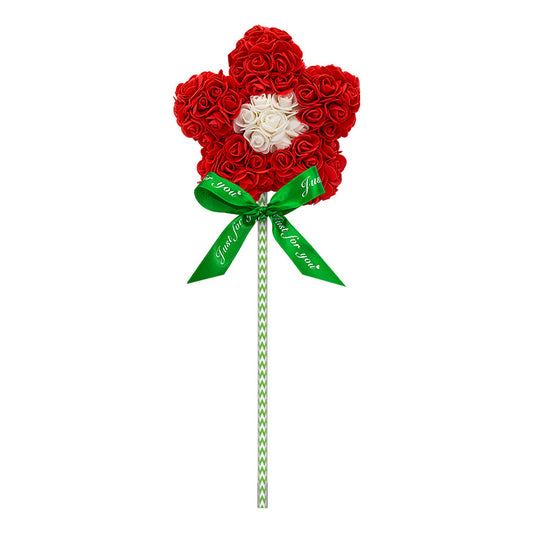 A product designed like a lollipop with the shape of a flower covered in red foam roses