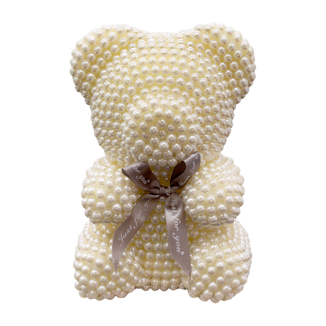 Luxury Pearl Bear, free-standing and crafted from ivory pearls, with a bear design. It features a brown ribbon bow with the inscription 'Just for You' on the chest, conveying a message of love and affection.