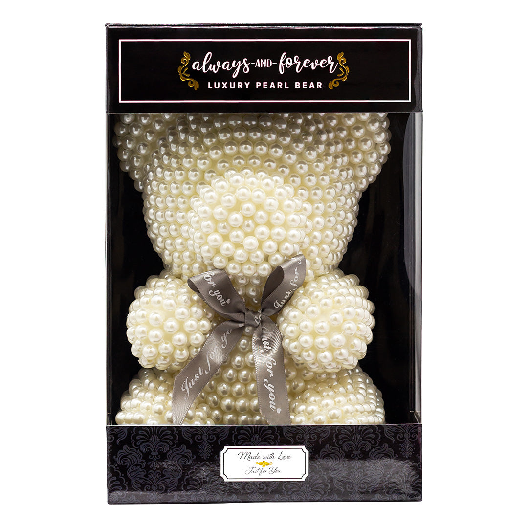 Elegant luxury pearl bear with a silver bow reading "Always and Forever" showcased within a sophisticated black box with a clear window. Perfect for special occasions like weddings, anniversaries, birthdays, graduations, Christmas, Valentine's Day, or as a luxury gift. A memorable addition to any celebration or occasion.