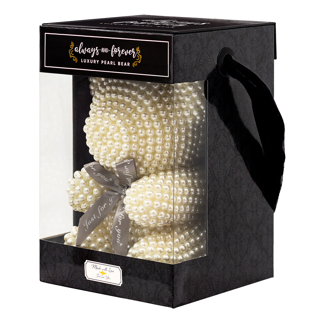 Luxury Pearl Bear in side-view box packaging, showcasing the profile of the pearl-encrusted bear with a brown 'Just for You' bow. The box has an elegant black floral pattern and a 'Made with Love' label.